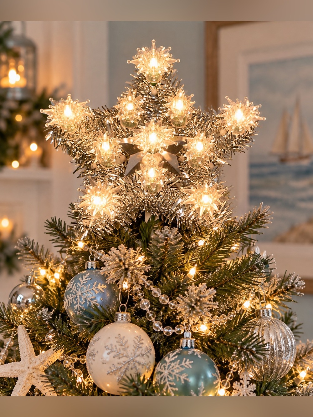 Vintage Silver Tinsel Light-Up Star Christmas Tree Topper / Wall Décor